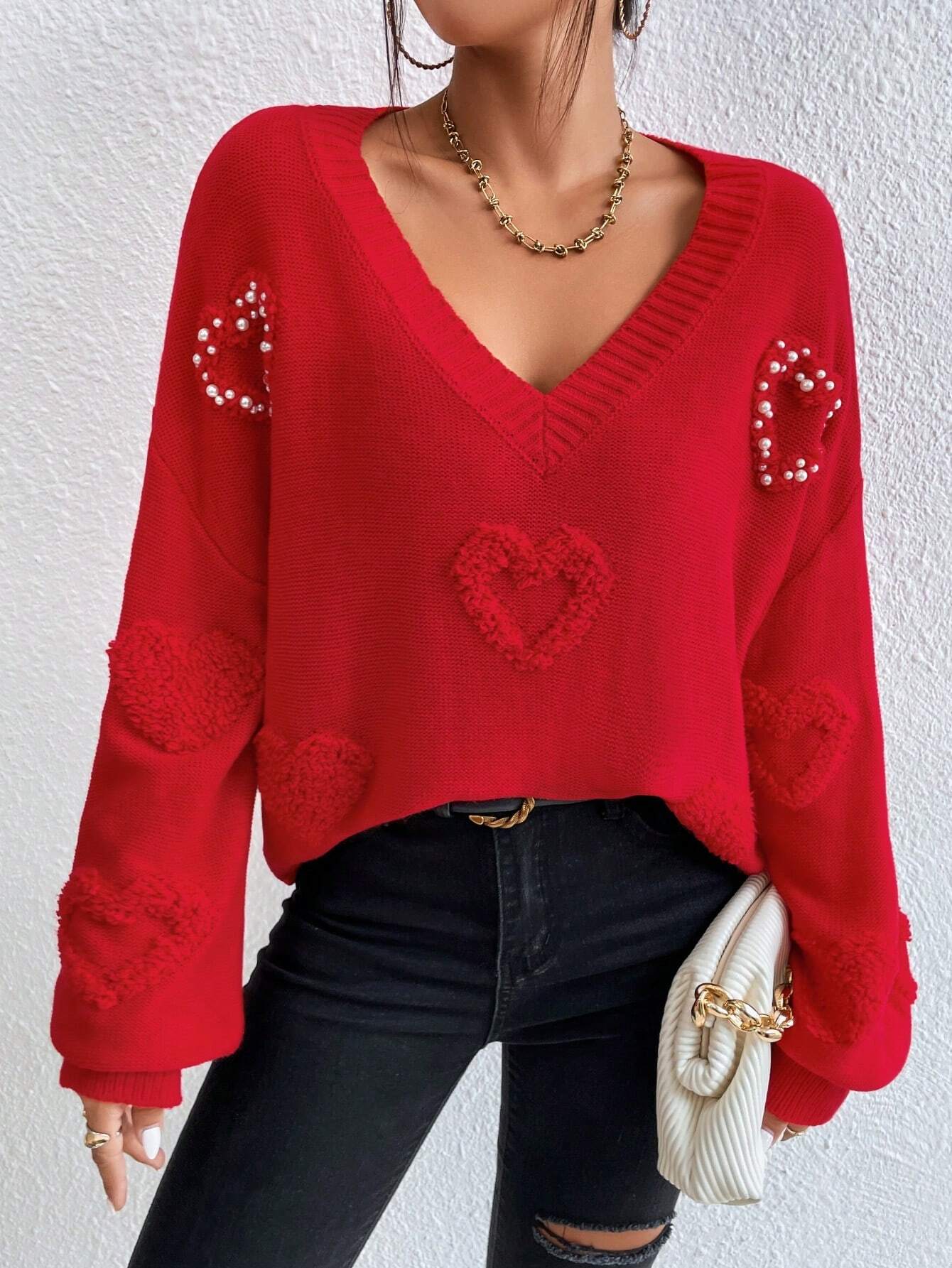 SHEIN Essnce Jersey con patrón de corazón de hombros caídos