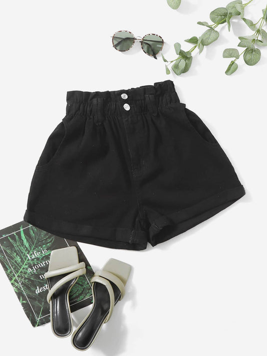 SHEIN Essnce Shorts en mezclilla de cintura con volante bajo de doblez