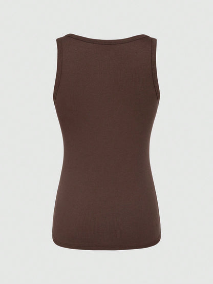 SHEIN Essnce Top casual sin mangas de punto acanalado en unicolor para mujer, verano