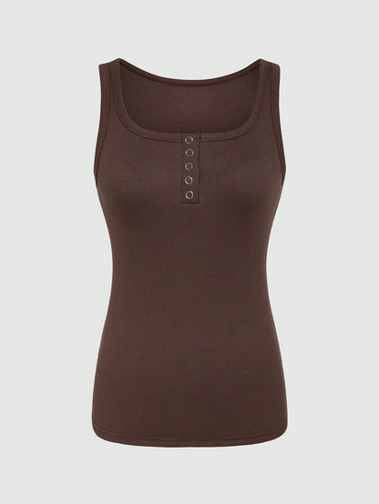 SHEIN Essnce Top casual sin mangas de punto acanalado en unicolor para mujer, verano