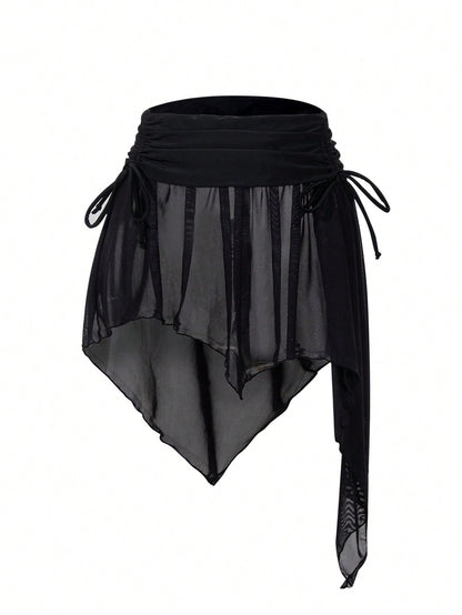 SHEIN Falda pareo asimétrica con cordón y tejido de malla sexy para mujer, nuevo lanzamiento de verano