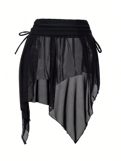 SHEIN Falda pareo asimétrica con cordón y tejido de malla sexy para mujer, nuevo lanzamiento de verano