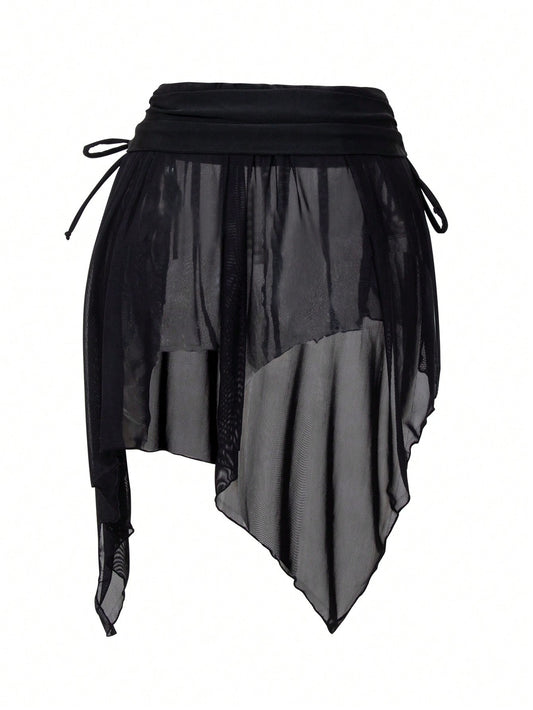 SHEIN Falda pareo asimétrica con cordón y tejido de malla sexy para mujer, nuevo lanzamiento de verano