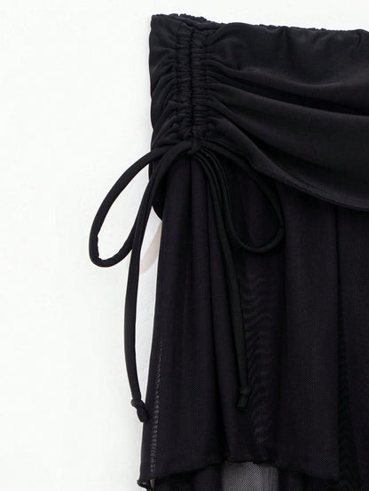 SHEIN Falda pareo asimétrica con cordón y tejido de malla sexy para mujer, nuevo lanzamiento de verano