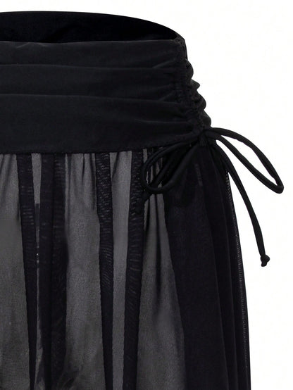 SHEIN Falda pareo asimétrica con cordón y tejido de malla sexy para mujer, nuevo lanzamiento de verano