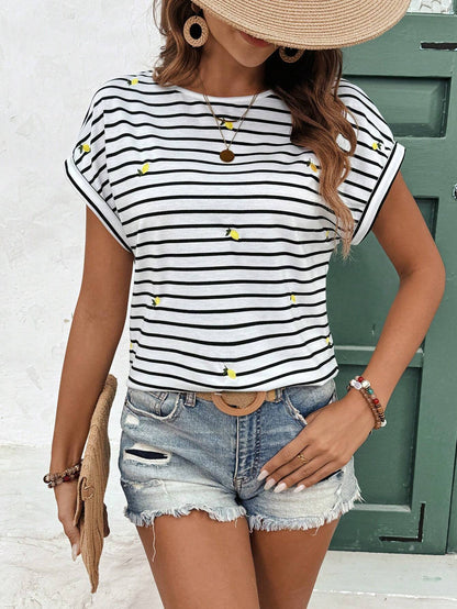 SHEIN Frenchy Camiseta casual de manga murciélago con cuello redondo y estampado a rayas para mujer de verano