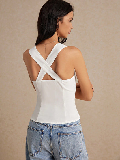 Camiseta sin mangas blanca para el verano, Camiseta negra exquisita decorada con botones, Estilo de moda simple y clásico, Tejido con microelasticidad, Ropa casual de oficina, Adecuada para el uso diario y el trabajo, Camiseta sólida sin mangas para mujer