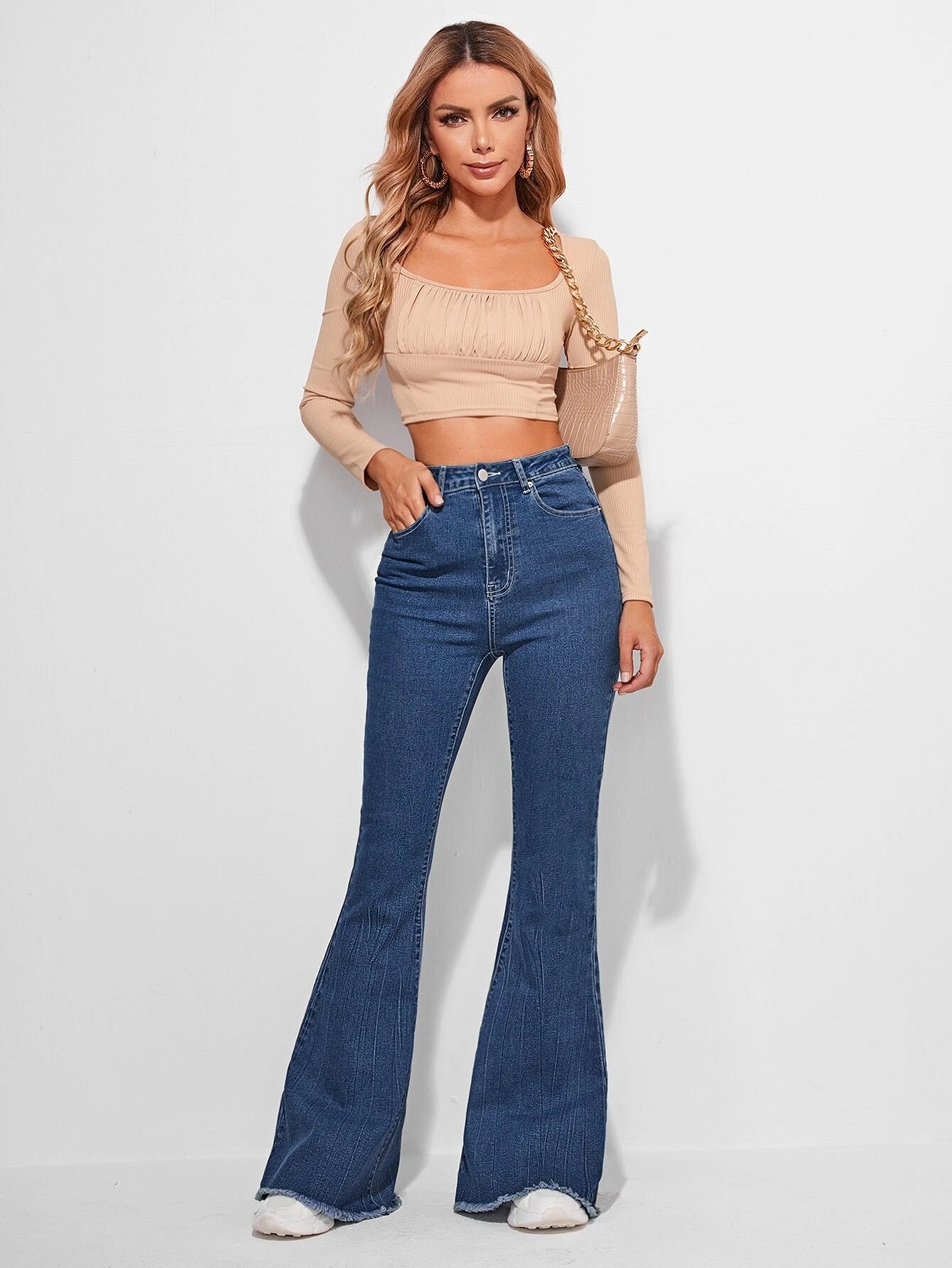 SHEIN Frenchy Jeans de pierna amplia bajo crudo con puntada en contraste