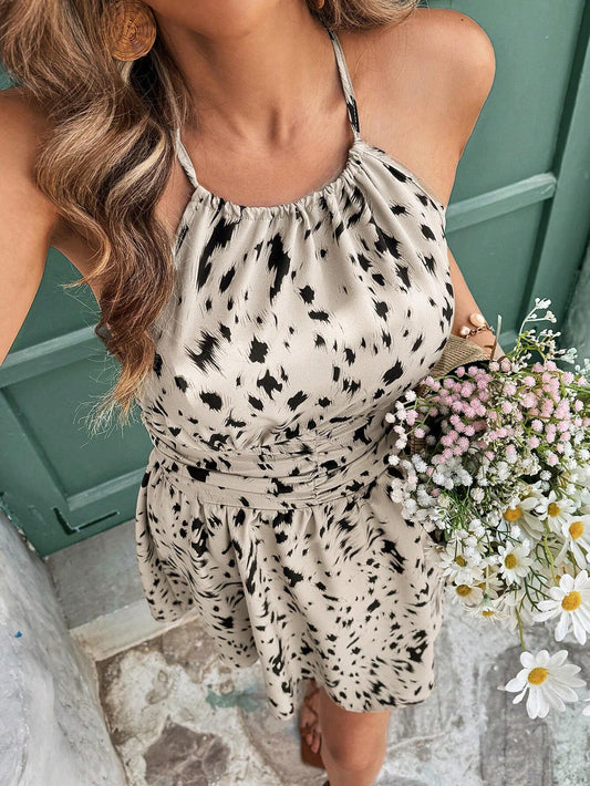 SHEIN Frenchy Vestido con cuello de halter con estampado aleatorio casual de vacaciones para mujeres