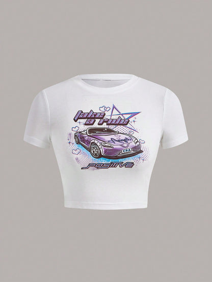 SHEIN ICON Bikercore Camiseta crop con estampado de coche y letra