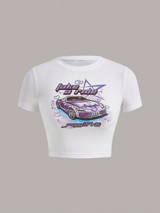 SHEIN ICON Bikercore Camiseta crop con estampado de coche y letra