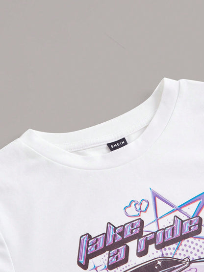 SHEIN ICON Bikercore Camiseta crop con estampado de coche y letra