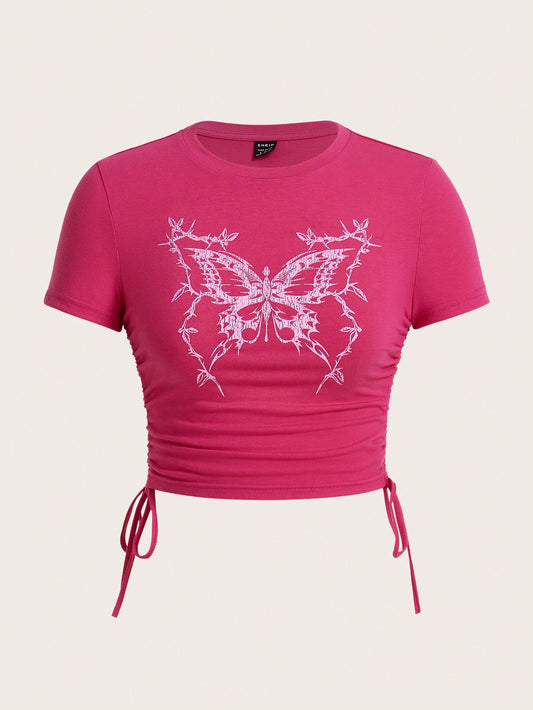 SHEIN ICON Camiseta casual de mujer de manga corta y cuello redondo con mariposas impresas de verano y dobladillo con cordón