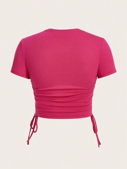 SHEIN ICON Camiseta casual de mujer de manga corta y cuello redondo con mariposas impresas de verano y dobladillo con cordón