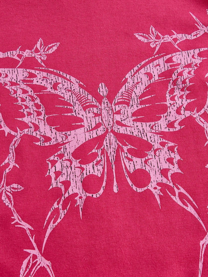 SHEIN ICON Camiseta casual de mujer de manga corta y cuello redondo con mariposas impresas de verano y dobladillo con cordón