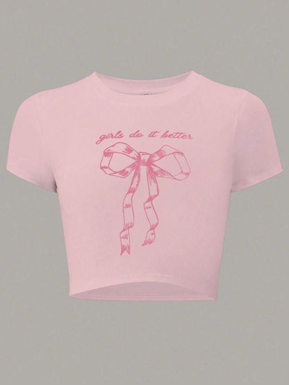 SHEIN ICON Camiseta casual de verano para mujer con lazo y estampado de letras