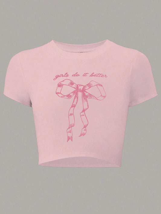SHEIN ICON Camiseta casual de verano para mujer con lazo y estampado de letras