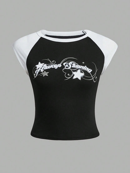 SHEIN ICON Camiseta con estampado de letra de color combinado de manga raglán
