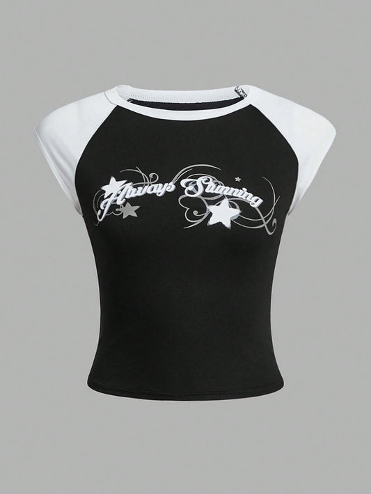 SHEIN ICON Camiseta con estampado de letra de color combinado de manga raglán