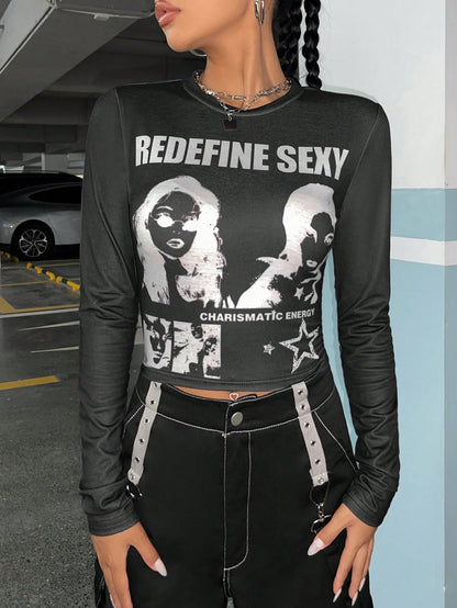 SHEIN ICON Camiseta crop con estampado de figura y letra