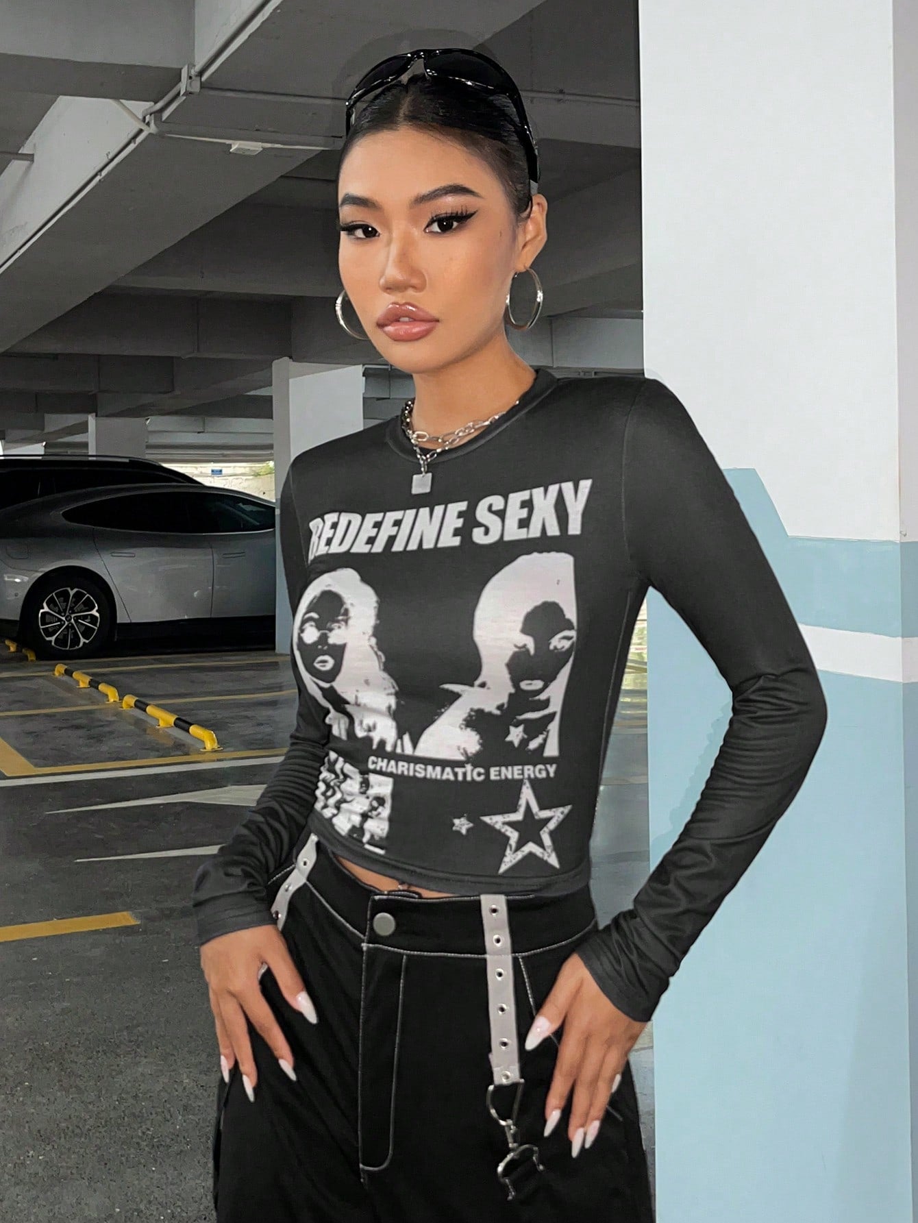 SHEIN ICON Camiseta crop con estampado de figura y letra