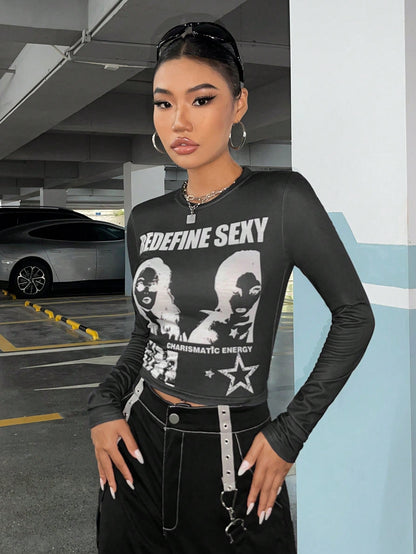 SHEIN ICON Camiseta crop con estampado de figura y letra