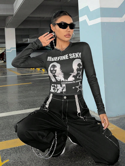 SHEIN ICON Camiseta crop con estampado de figura y letra