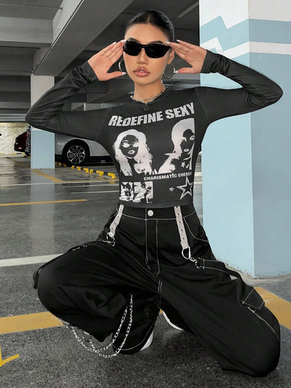 SHEIN ICON Camiseta crop con estampado de figura y letra