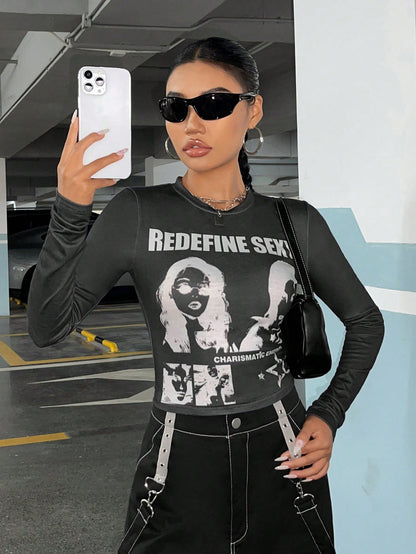 SHEIN ICON Camiseta crop con estampado de figura y letra