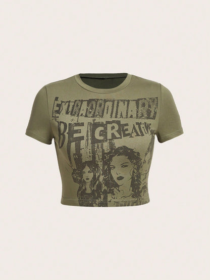 SHEIN ICON Camiseta crop con estampado de letra y figura