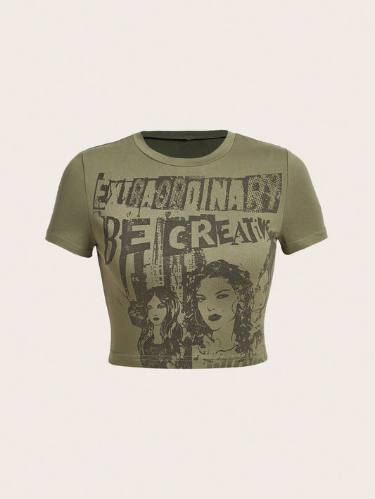 SHEIN ICON Camiseta crop con estampado de letra y figura