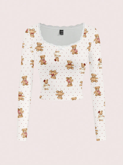 SHEIN ICON Camiseta de mujer de manga larga con estampado de lunares, decoración de encaje y diseño lindo de oso, adecuada para la primavera