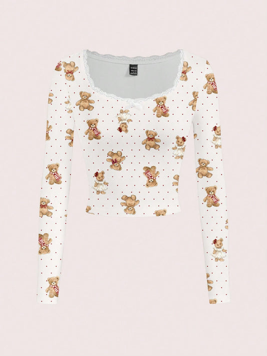 SHEIN ICON Camiseta de mujer de manga larga con estampado de lunares, decoración de encaje y diseño lindo de oso, adecuada para la primavera