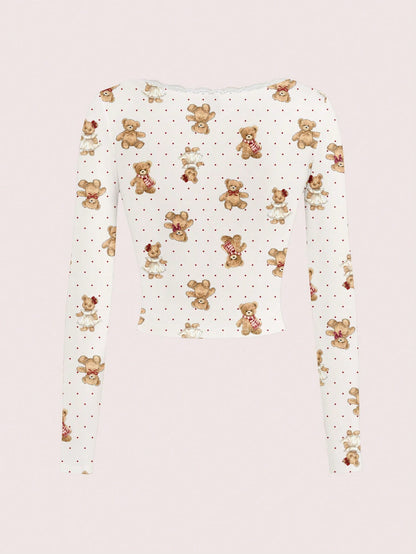 SHEIN ICON Camiseta de mujer de manga larga con estampado de lunares, decoración de encaje y diseño lindo de oso, adecuada para la primavera