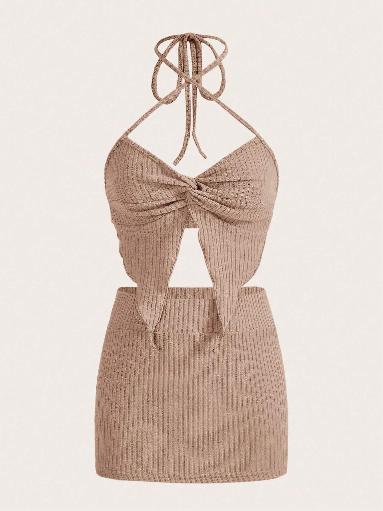SHEIN ICON Conjunto De Falda Y Chaleco Con Cuello Halter Y Dobladillo Dividido Para Mujer