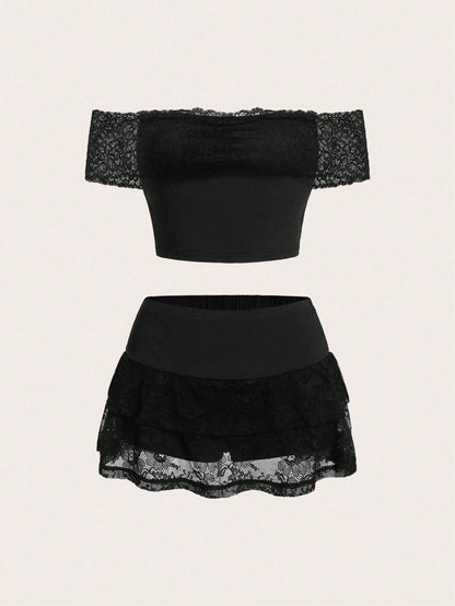 SHEIN ICON Conjunto corto de dos piezas para primavera para mujer con Top de Encaje sin Hombros y Falda pantalón corta con dobladillo de volantes en capas de cintura baja