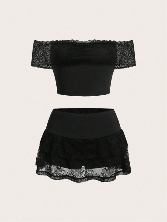 SHEIN ICON Conjunto corto de dos piezas para primavera para mujer con Top de Encaje sin Hombros y Falda pantalón corta con dobladillo de volantes en capas de cintura baja