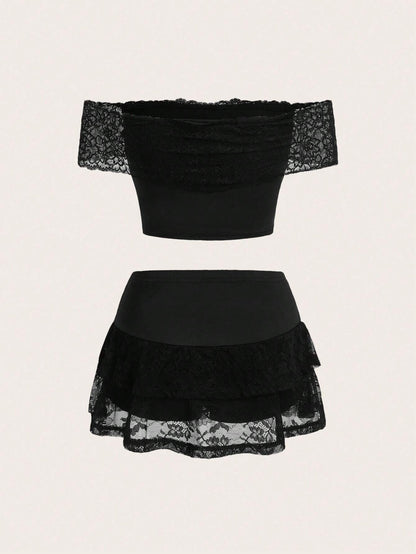 SHEIN ICON Conjunto corto de dos piezas para primavera para mujer con Top de Encaje sin Hombros y Falda pantalón corta con dobladillo de volantes en capas de cintura baja