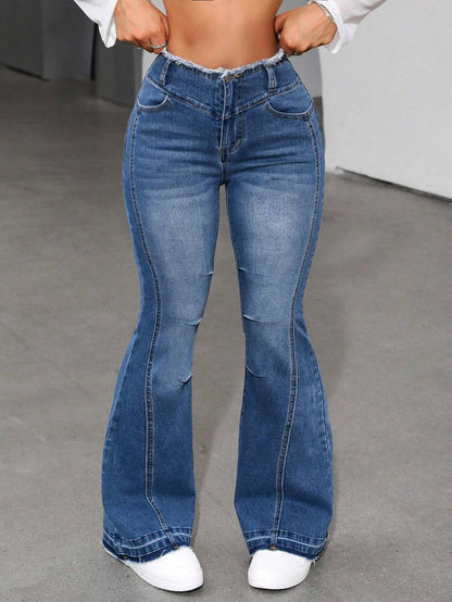 SHEIN ICON Pantalones Vaqueros Acampanados Con Flecos Para Mujer