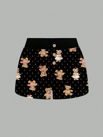 SHEIN ICON Pantalones cortos de casa cómodos y acanalados con diseño lindo de oso de amor, apropiados para el verano, para mujer