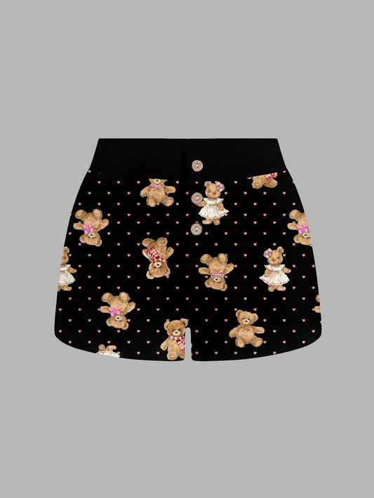 SHEIN ICON Pantalones cortos de casa cómodos y acanalados con diseño lindo de oso de amor, apropiados para el verano, para mujer