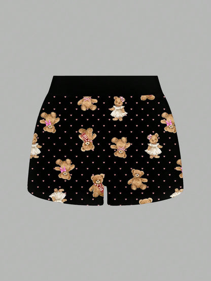 SHEIN ICON Pantalones cortos de casa cómodos y acanalados con diseño lindo de oso de amor, apropiados para el verano, para mujer