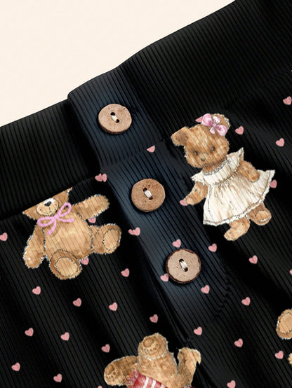 SHEIN ICON Pantalones cortos de casa cómodos y acanalados con diseño lindo de oso de amor, apropiados para el verano, para mujer