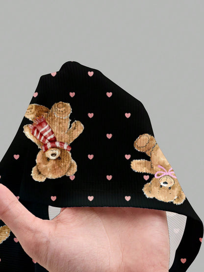SHEIN ICON Pantalones cortos de casa cómodos y acanalados con diseño lindo de oso de amor, apropiados para el verano, para mujer