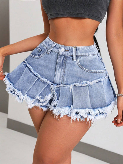 SHEIN ICON Shorts De Mezclilla Para Mujer Con Dobladillo Deshilachado Y Lavado De Agua