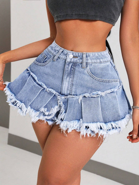 SHEIN ICON Shorts De Mezclilla Para Mujer Con Dobladillo Deshilachado Y Lavado De Agua