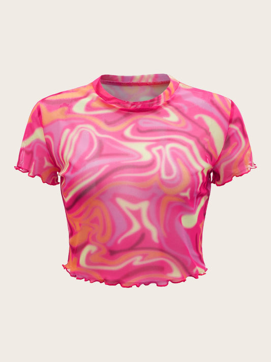 SHEIN ICON Top 90s con estampado de mármol ribete en forma de lechuga corto de malla