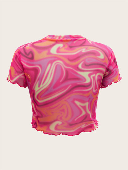 SHEIN ICON Top 90s con estampado de mármol ribete en forma de lechuga corto de malla