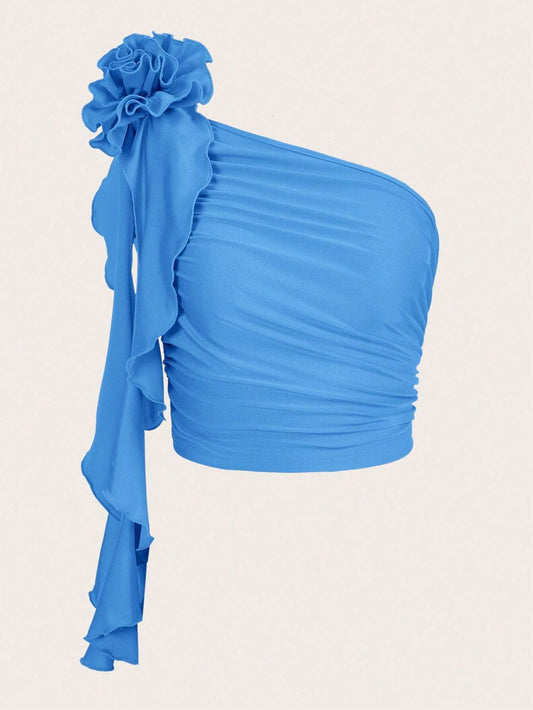 SHEIN ICON Top crop de un hombro fruncido detalle ribete con fruncido rosetón 3D