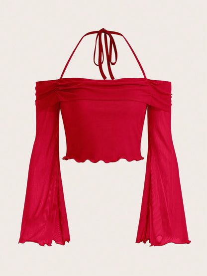 SHEIN ICON Top unicolor fruncido de cuello halter de manga amplia